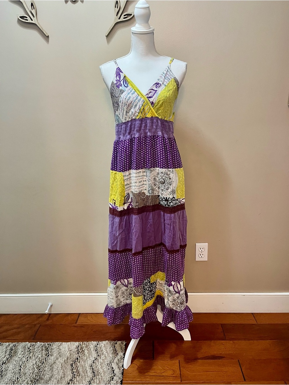 Magic Bohemian Festival Patchwork Maxi Dress in Purple and Yellow Size Medium